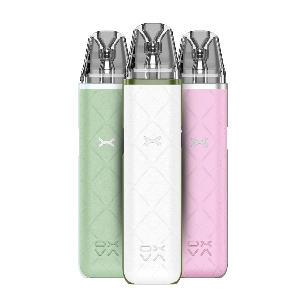 Three oxva xlim go vape devices in green, white, and pink on a white background