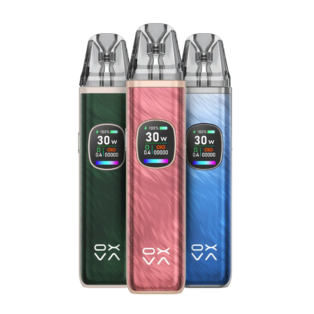 Three colourful OXVA Xlim Pro 2 pod kits on a white background