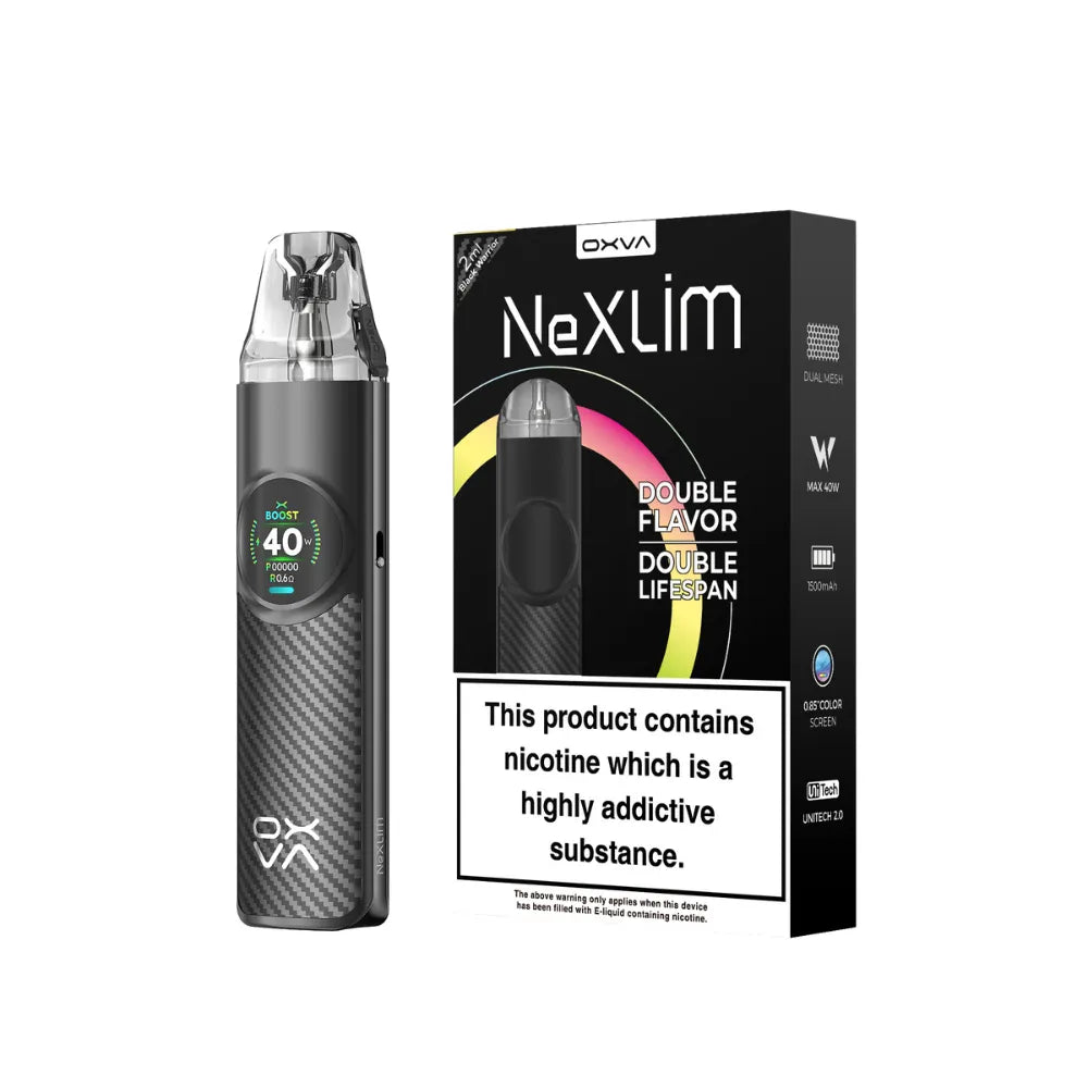 OXVA NexLim black warrior vaping device and packaging on a white background
