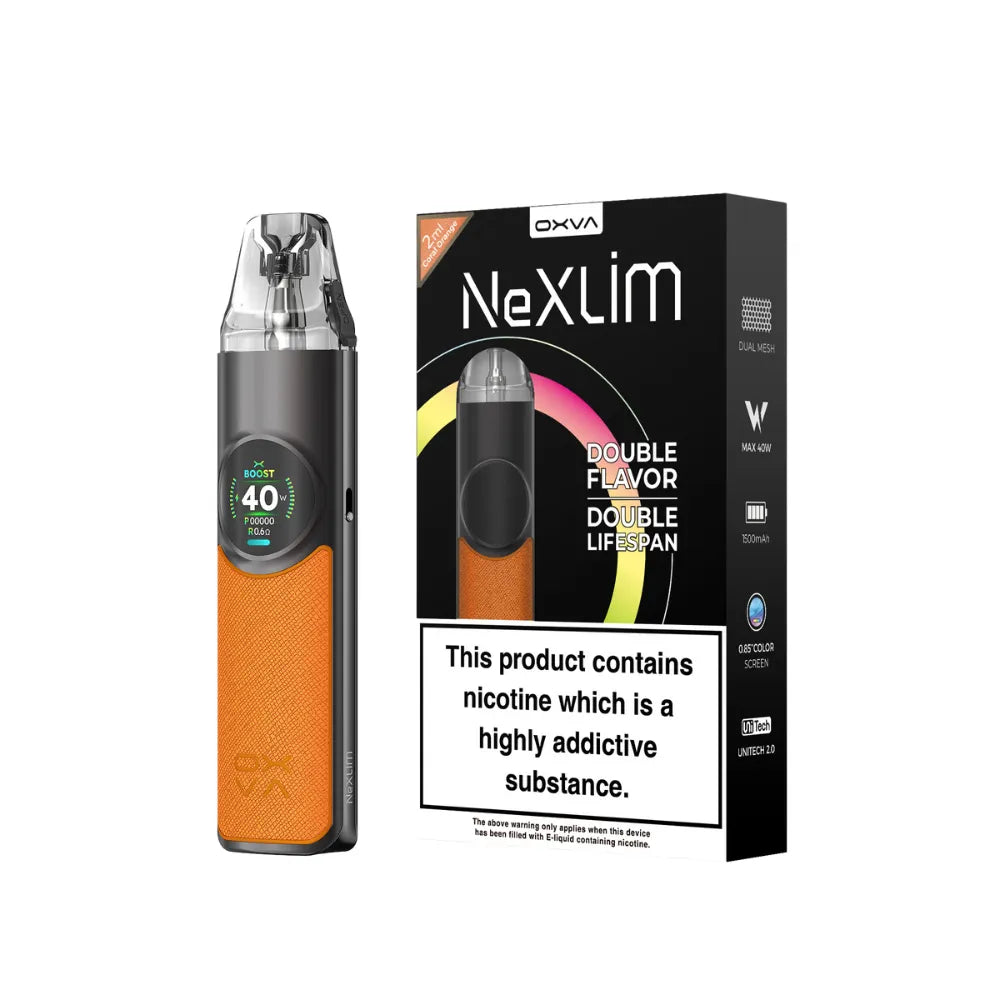 coral orange Vaping device and packaging with 'NexLim' branding on a white background