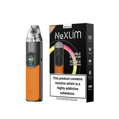 coral orange Vaping device and packaging with 'NexLim' branding on a white background