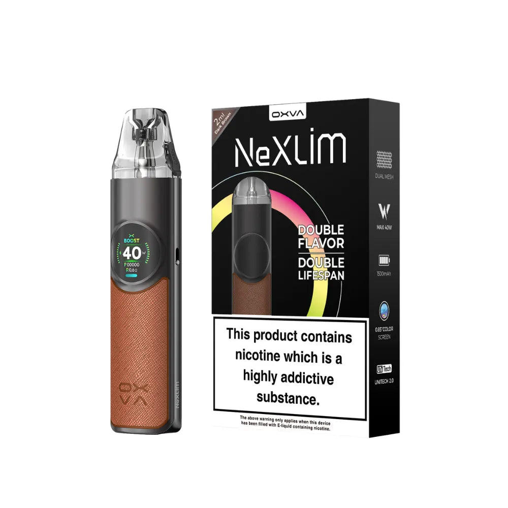 dark brown Vape device and packaging with 'NexLim' branding on a white background