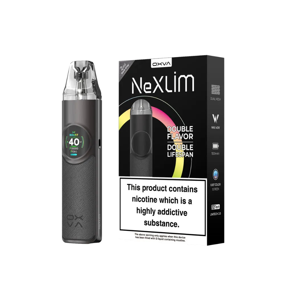 oxva Nexlim dark grey vaping device and packaging on a white background