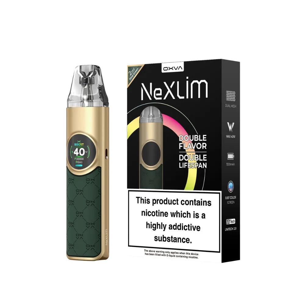 pine green vape device with green accents and Nexlim packaging on a white background