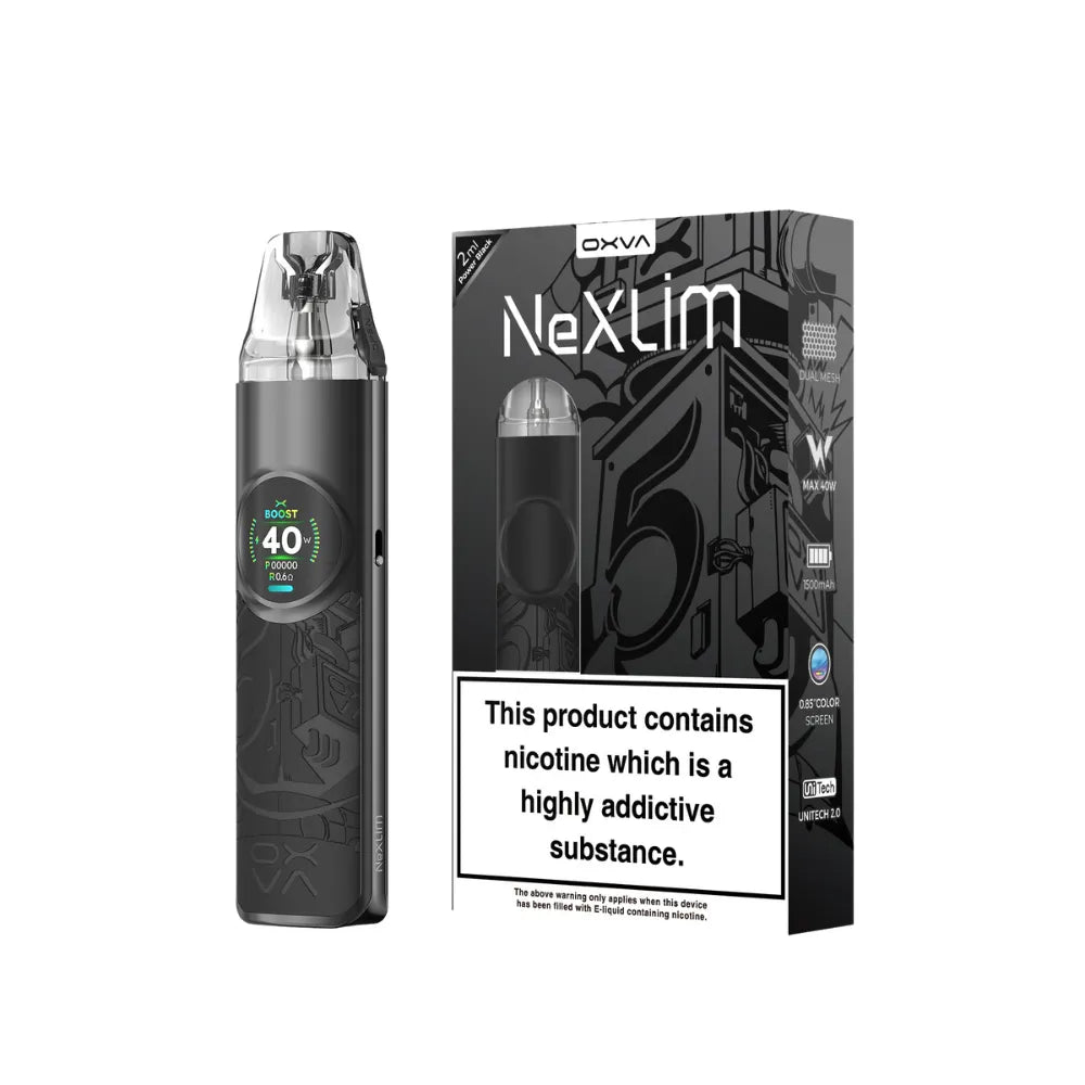 Oxva NexLim power black vaping device and packaging on a white background