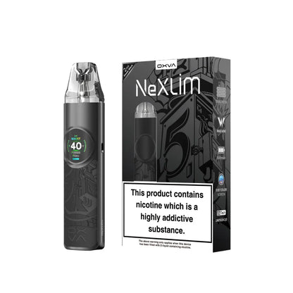 Oxva NexLim power black vaping device and packaging on a white background