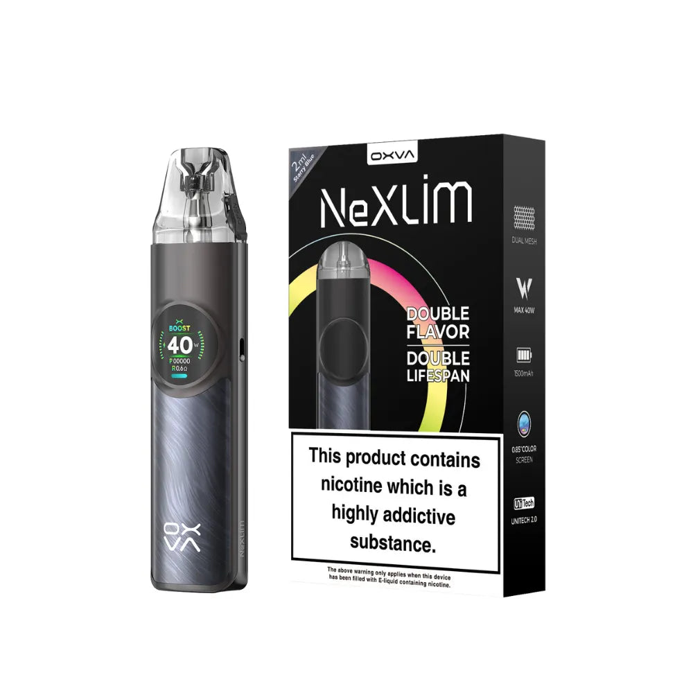starry blue Vape device and packaging with 'NexLim' branding on a white background