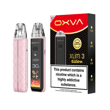 Two OXVA Xlim 3 Ultra in the colour "Cherry Pink" with a LED screen beside black and red packaging on a white background.