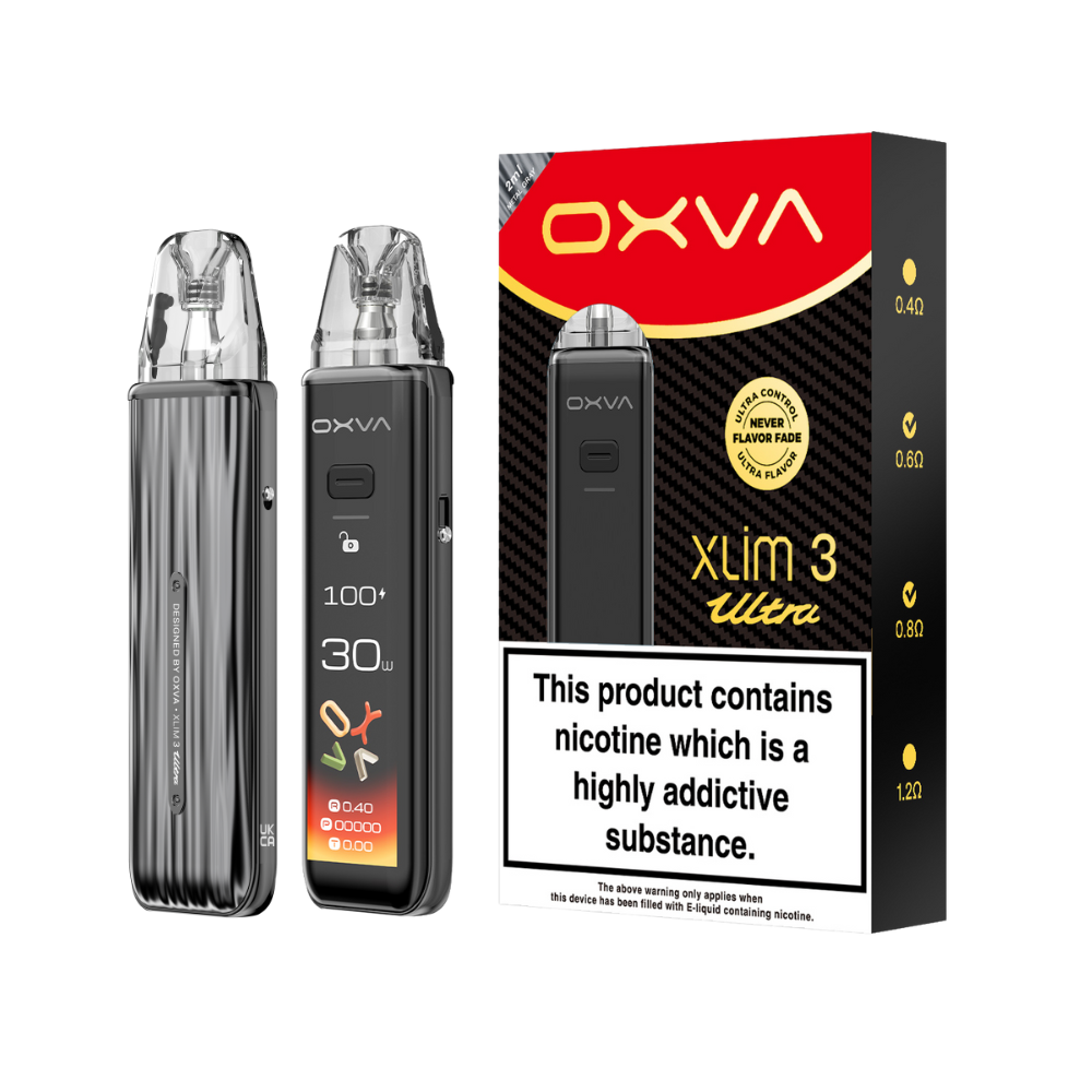Two OXVA Xlim 3 Ultra in the colour "Metal Grey" with a LED screen beside black and red packaging on a white background.