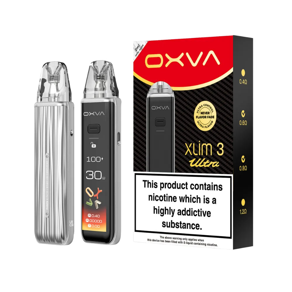 Two OXVA Xlim 3 Ultra in the colour "Metal Silver" with a LED screen beside black and red packaging on a white background.