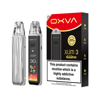 Two OXVA Xlim 3 Ultra in the colour "Metal Silver" with a LED screen beside black and red packaging on a white background.