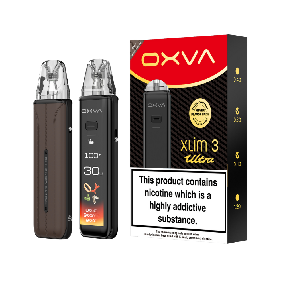 Two OXVA Xlim 3 Ultra in the colour "Mocha Brown" with a LED screen beside black and red packaging on a white background.