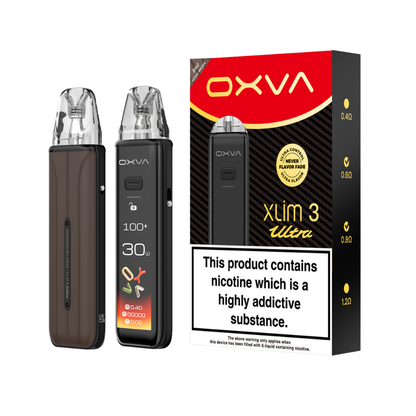 Two OXVA Xlim 3 Ultra in the colour "Mocha Brown" with a LED screen beside black and red packaging on a white background.