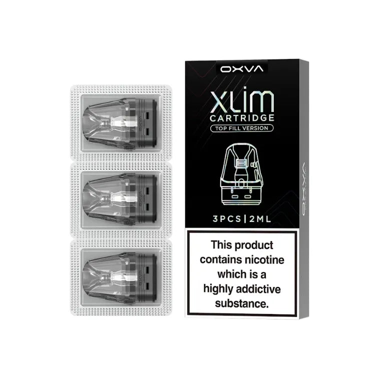 OXVA Xlim cartridge packaging with three clear cartridges and a black label on a white background.