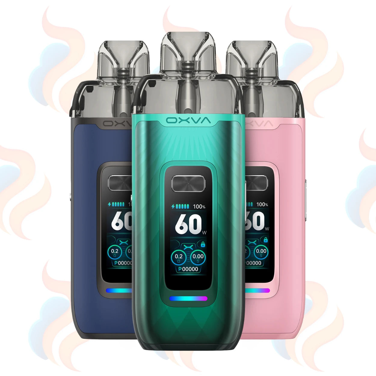 Three OXVA VPrime Vape devices on a white background with UK Vape Supply Logo
