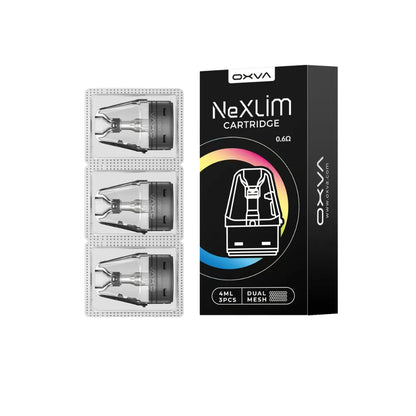OXVA NexLim cartridge packaging with three cartridges on a white background