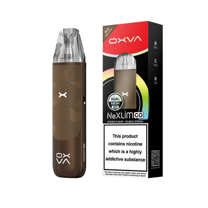 OXVA NexLim Go silky coffee vaping device and packaging on a white background