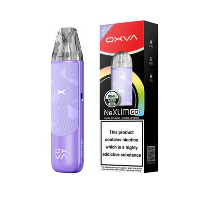 silky Purple vape device with oxva nexlim go branding and packaging on a white background