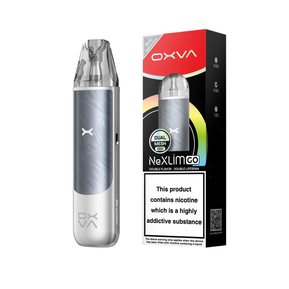 OXVA NeXlim Go space grey vaping device and packaging on a white background