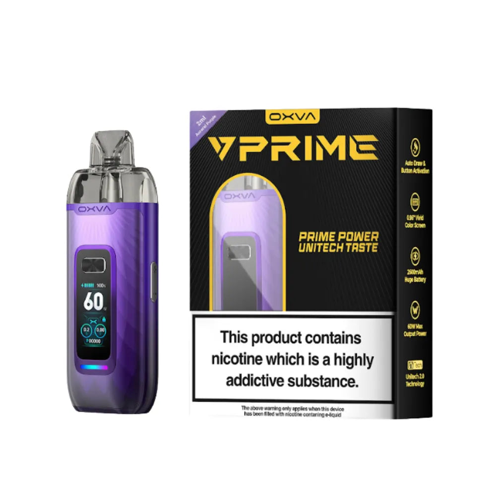OXVA VPRIME aurora Purple vape device with OXVA branding and packaging on a white background