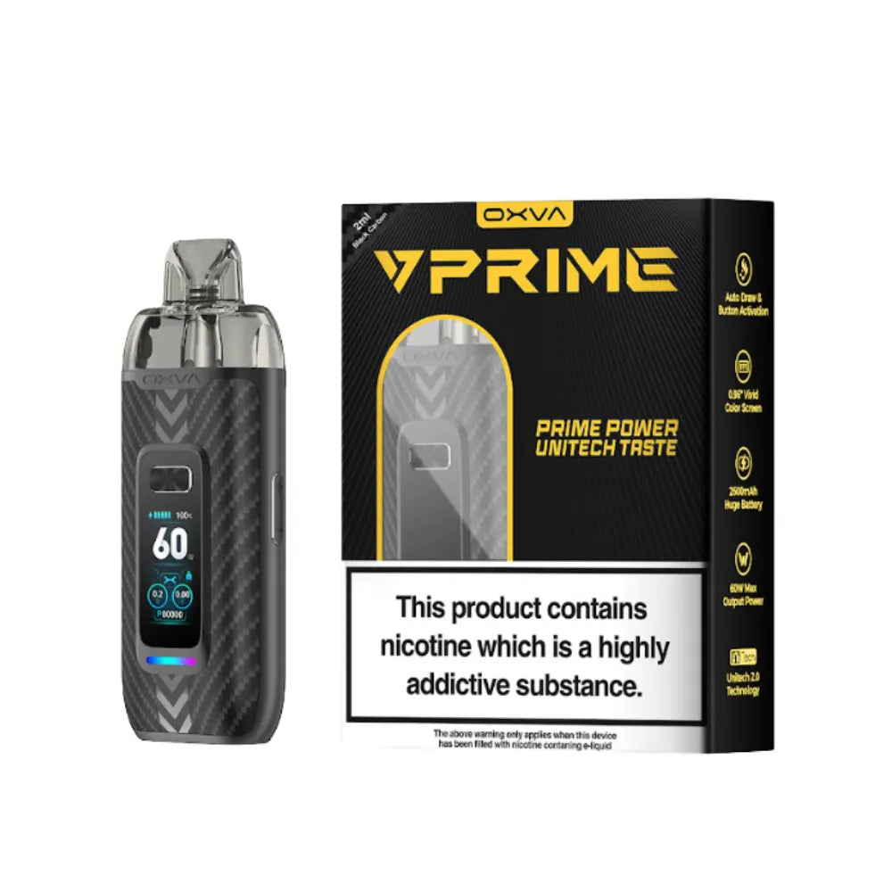 OXVA vPrime black carbon vaping device and packaging on a white background