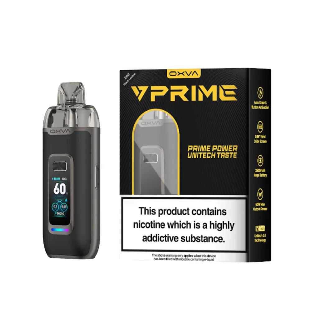 OXVA VPrime black leather vaping device and packaging on a white background