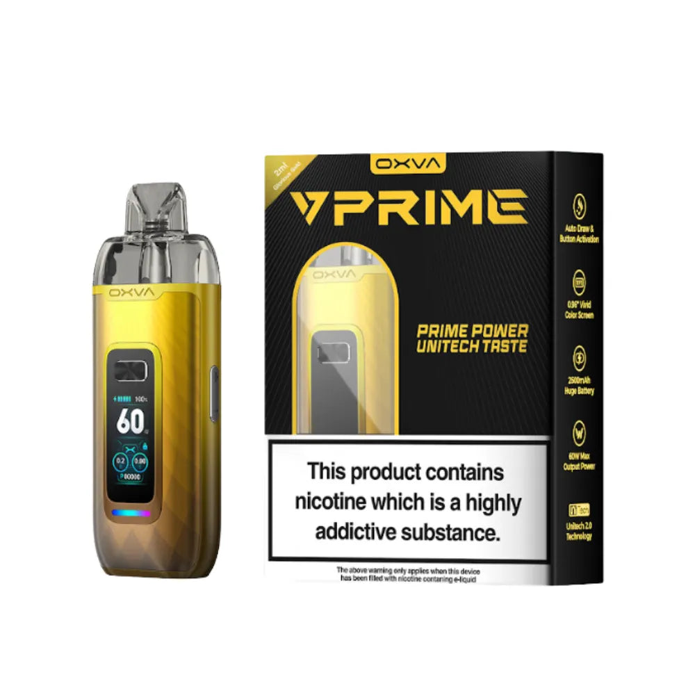 OXVA vPrime glorious gold vaping device and packaging on a white background