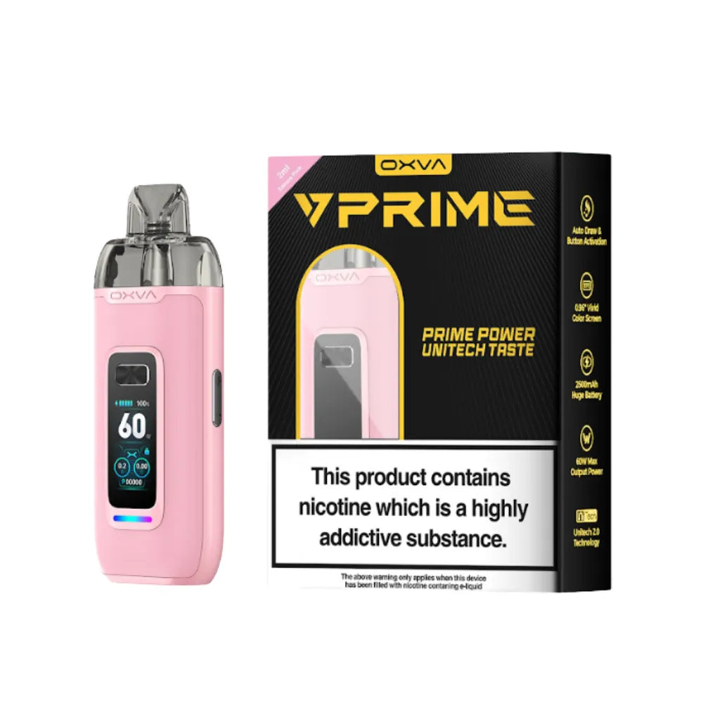 OXVA VPRIME sakura Pink vape device with OXVA branding and packaging on a white background