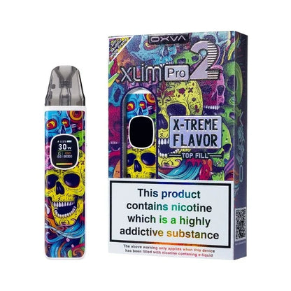 "Skulliful" white frame OXVA Xlim Pro 2 pod kit with packaging on a white background.