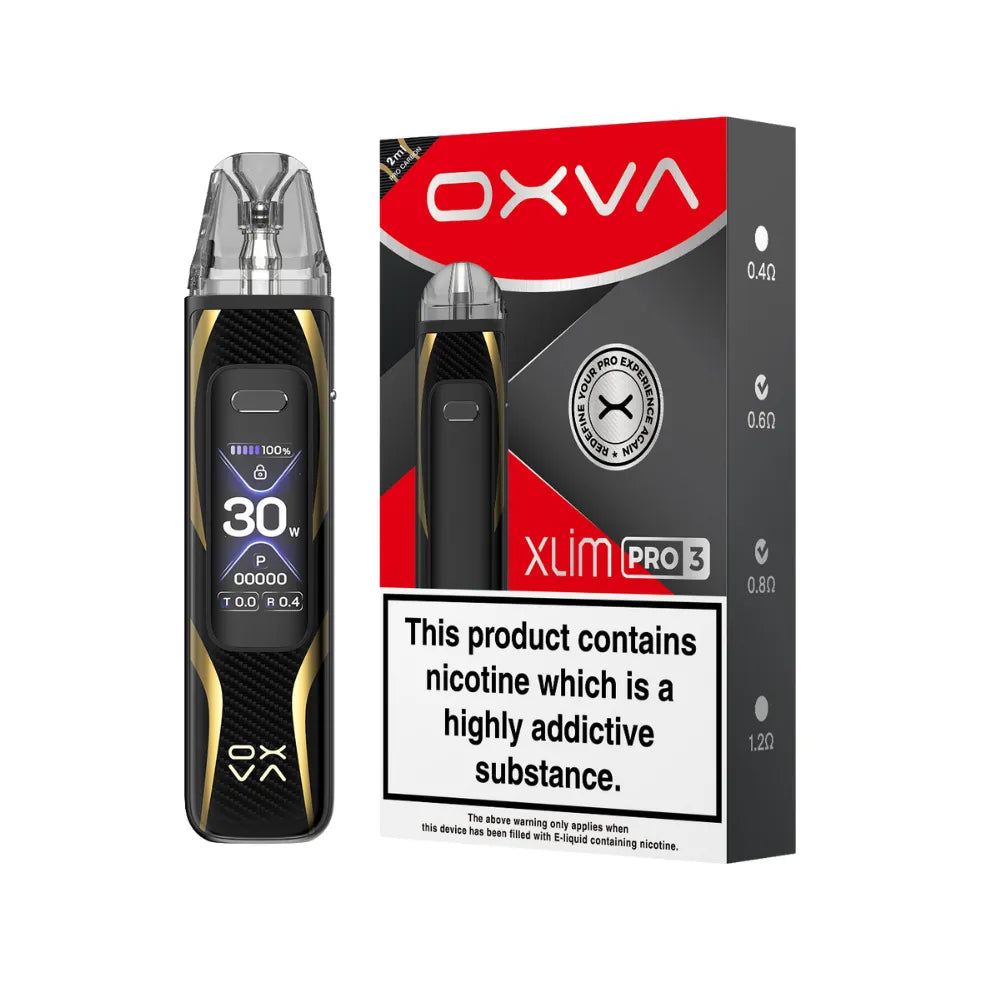 OXVA Xlim Pro 3 pod vape kit in the colour "Pro Carbon" with black and red packaging on a white background