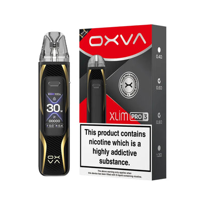 OXVA Xlim Pro 3 pod vape kit in the colour "Pro Carbon" with black and red packaging on a white background