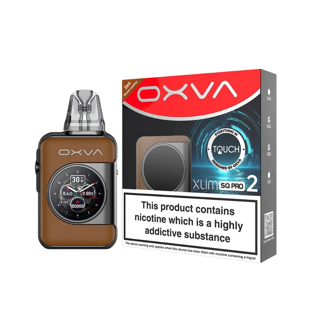 OXVA XLIM SQ PRO 2  brown leather vaping device and packaging on a white background