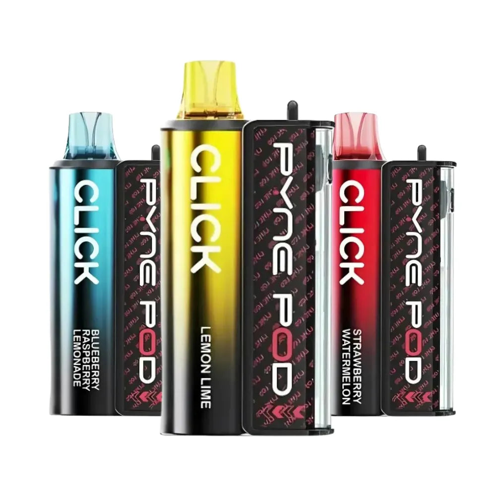 Collection of Pyne Pod vape devices in various flavors on a white background