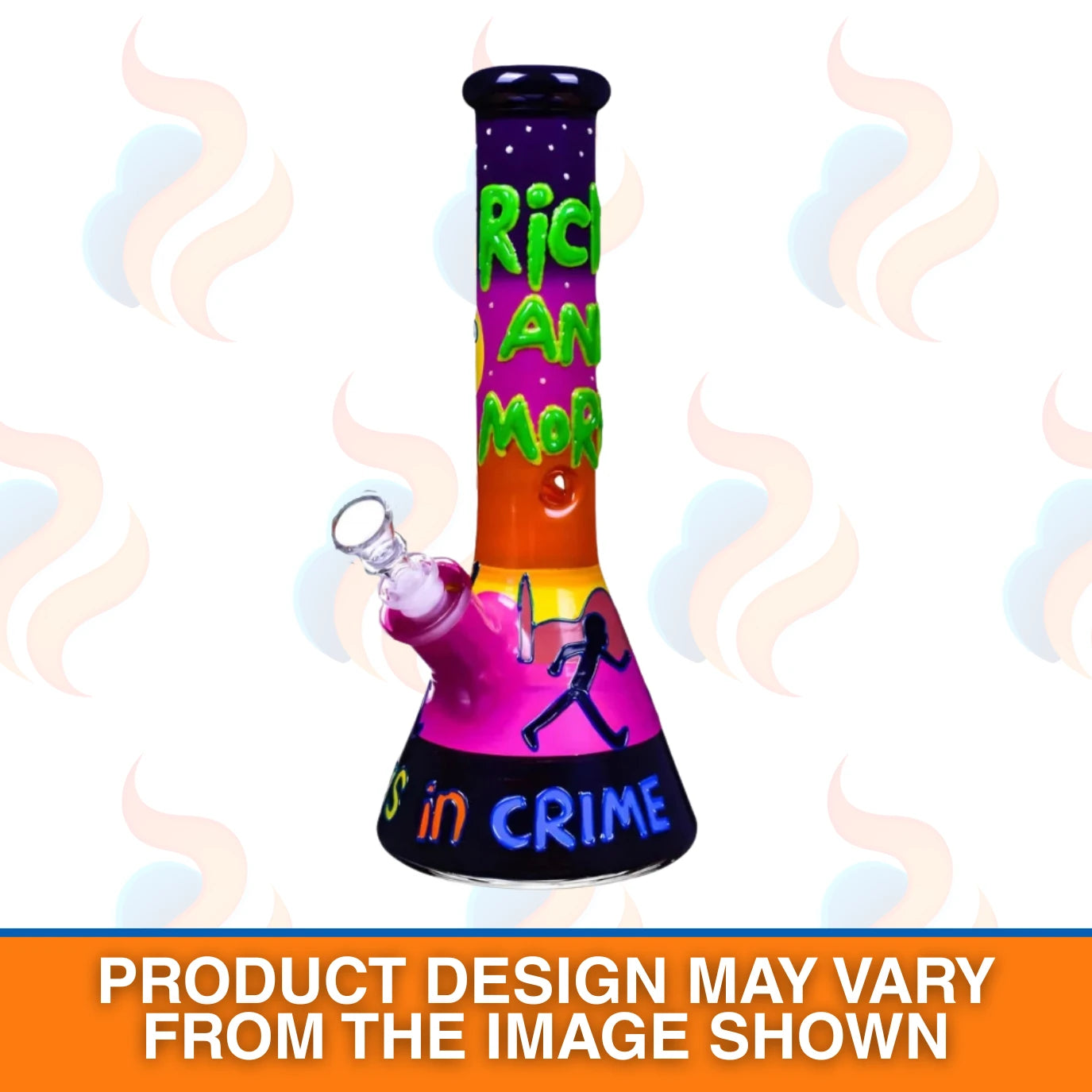 Cartoon inspired colourful "partners in crime" bong with chrome-design packaging on a white background
