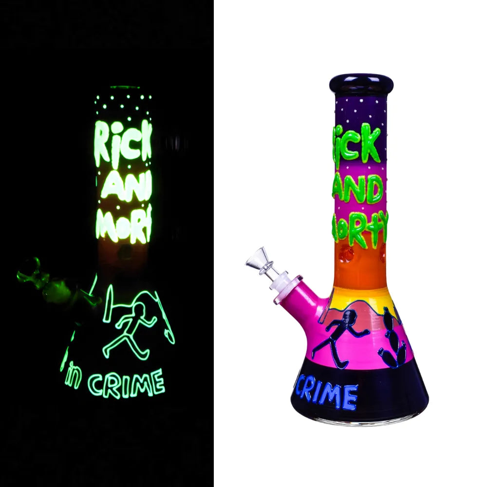 Cartoon inspired colourful "partners in crime" bong in normal light vs the glow in the dark feature.