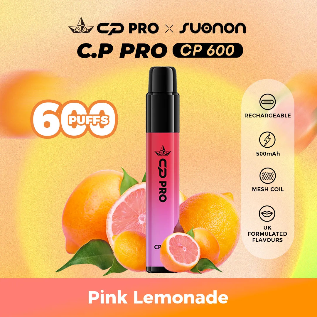 Suonon x CP Pro CP600 vape device with pink lemonade flavour on a colourful gradient background
