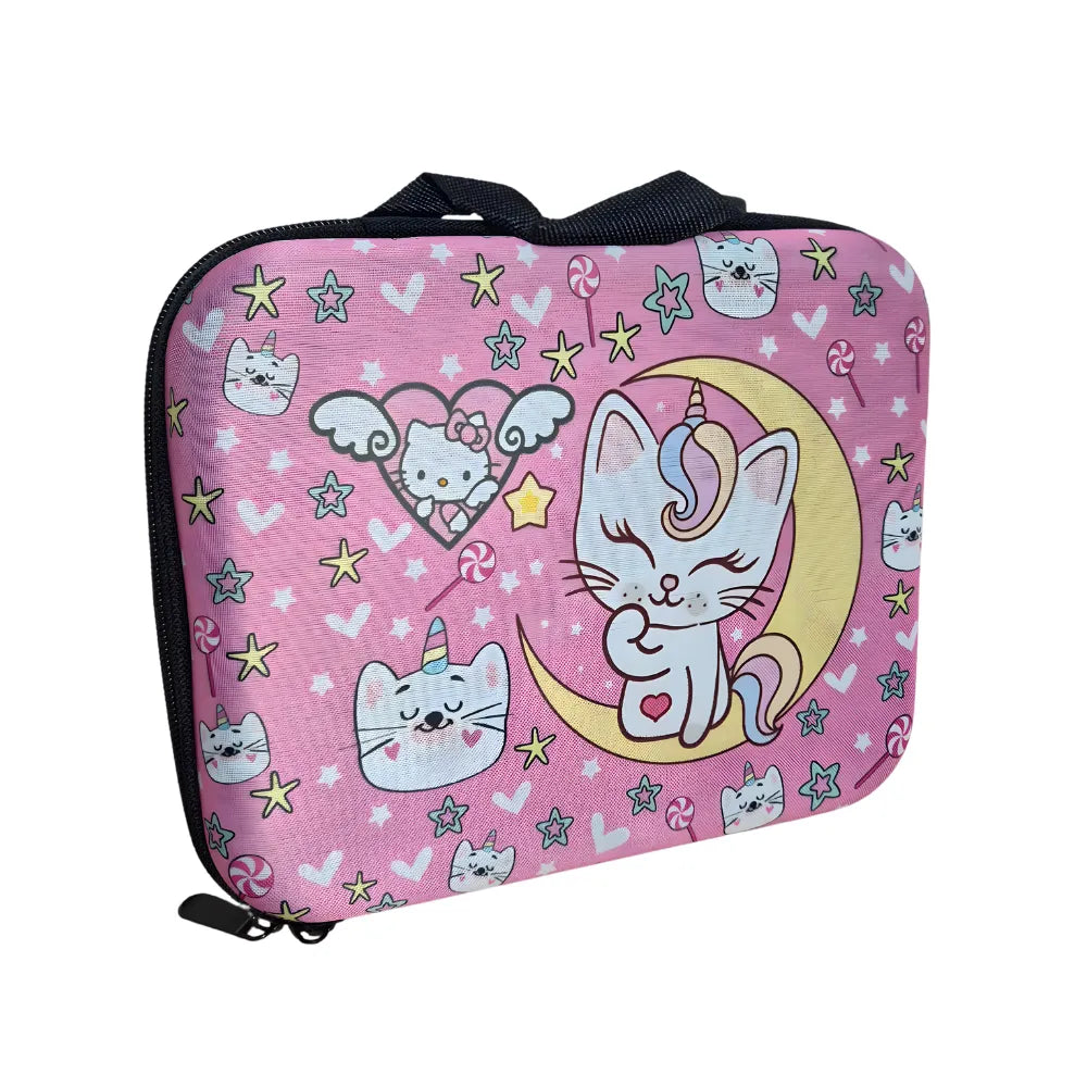 Pink case with cat and unicorn designs on a white background