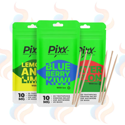 Three packs of Pixx Toothpicks with ice in blue berry kiwi, lemon apple, and passion fruit flavours, shown with wooden toothpick sticks on a white background with faint pastel flavour clouds.
