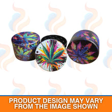 Three multi-coloured tobacco plastic grinders on a white background