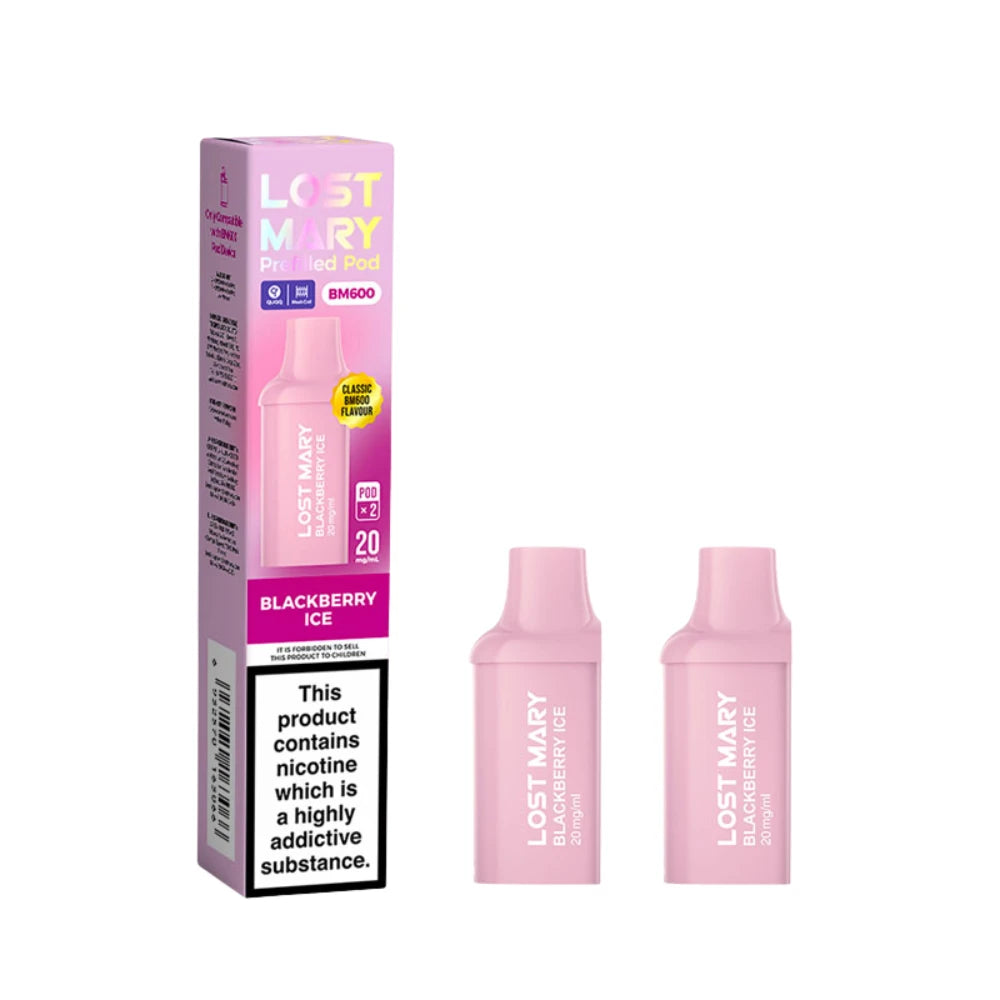 Two Lost Mary BM600 vape refill pods in "Blackberry Ice" flavour with colourful packaging on a white background.