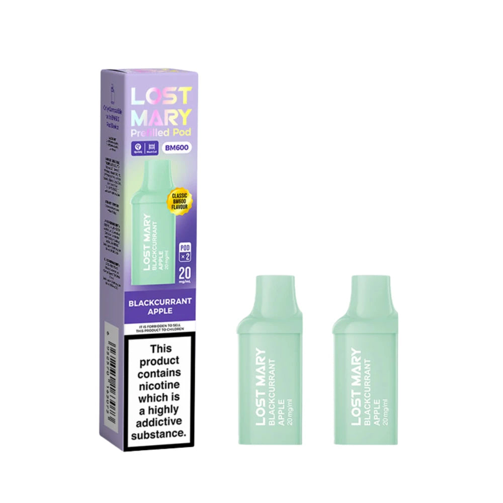 Two Lost Mary BM600 vape refill pods in "Blackcurrant Apple" flavour with colourful packaging on a white background.