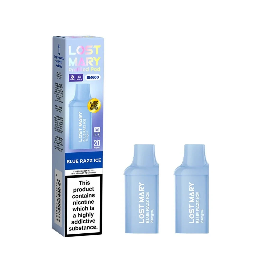 Two Lost Mary BM600 vape refill pods in "Blue Razz Ice" flavour with colourful packaging on a white background.