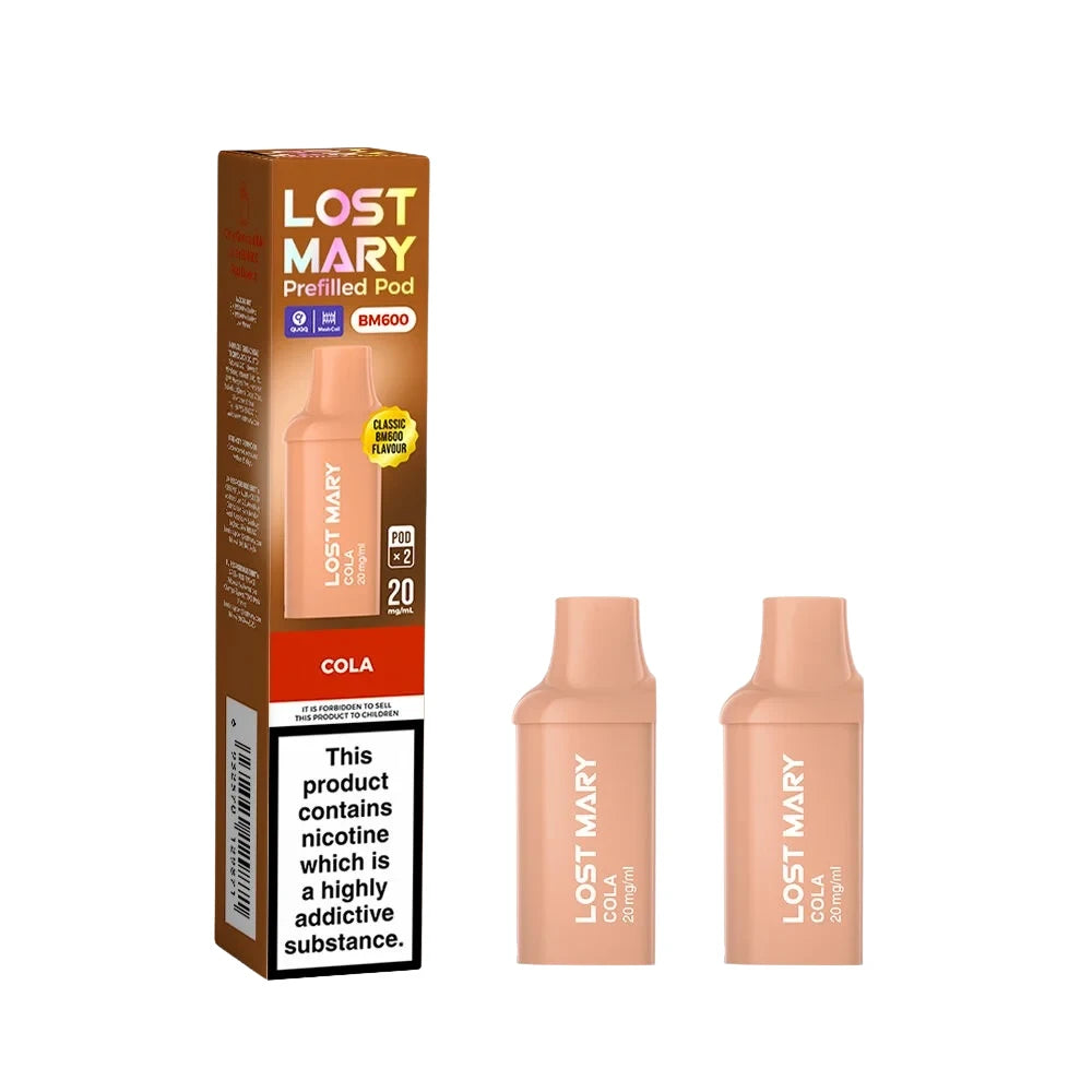 Two Lost Mary BM600 vape refill pods in "Cola" flavour with colourful packaging on a white background.