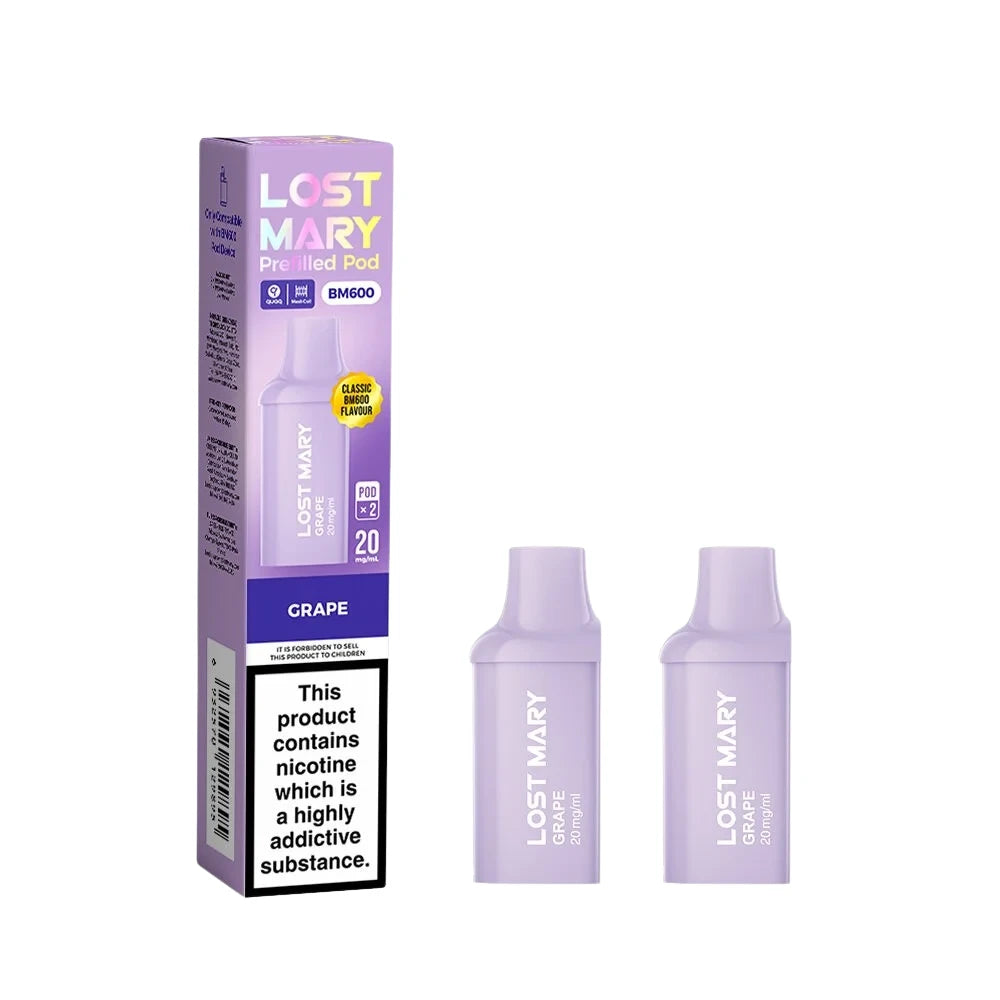 Two Lost Mary BM600 vape refill pods in "Grape" flavour with colourful packaging on a white background.