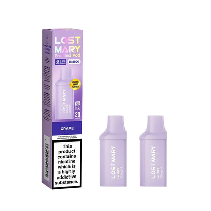 Two Lost Mary BM600 vape refill pods in "Grape" flavour with colourful packaging on a white background.