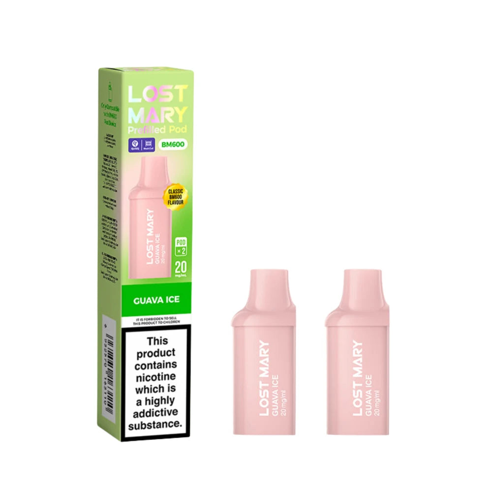 Two Lost Mary BM600 vape refill pods in "Guava Ice" flavour with colourful packaging on a white background.
