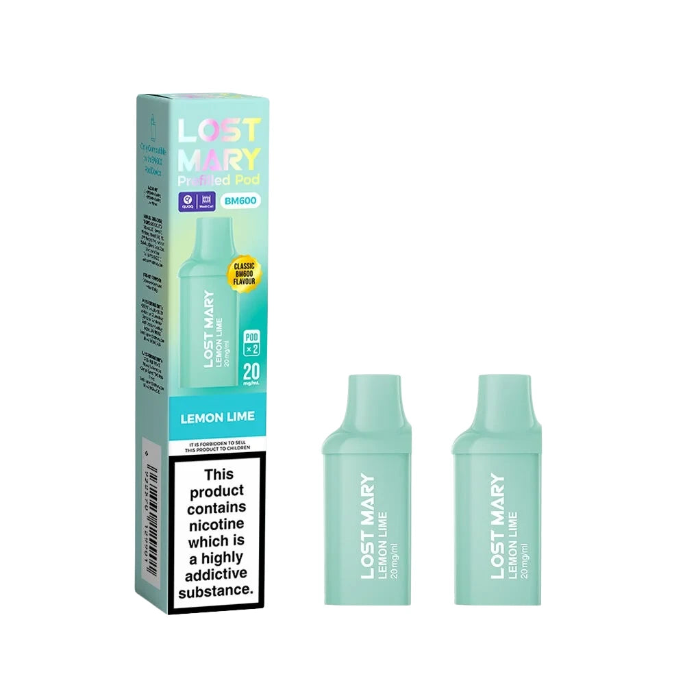 Two Lost Mary BM600 vape refill pods in "Lemon Lime" flavour with colourful packaging on a white background.