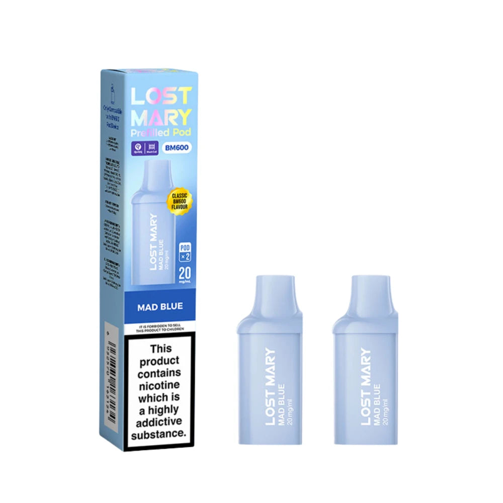 Two Lost Mary BM600 vape refill pods in "Mad Blue" flavour with colourful packaging on a white background.