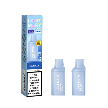 Two Lost Mary BM600 vape refill pods in "Mad Blue" flavour with colourful packaging on a white background.
