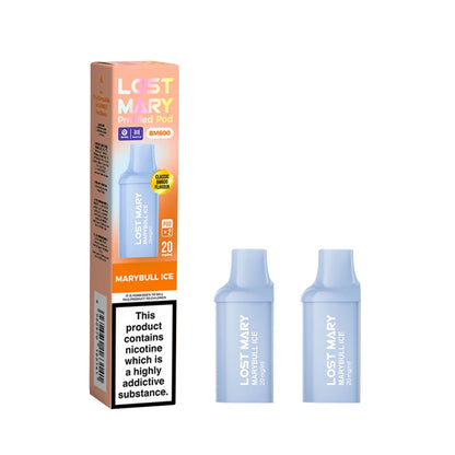 Two Lost Mary BM600 vape refill pods in "Marybull Ice" flavour with colourful packaging on a white background.